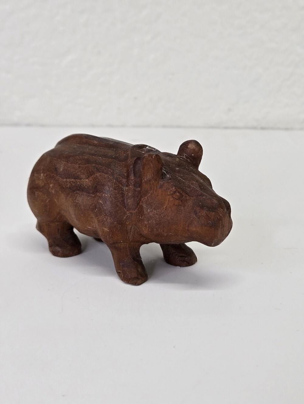 VTG Hand Carved Wooden Hippo Figurine Small Brown Wood Hippopotamus Statue